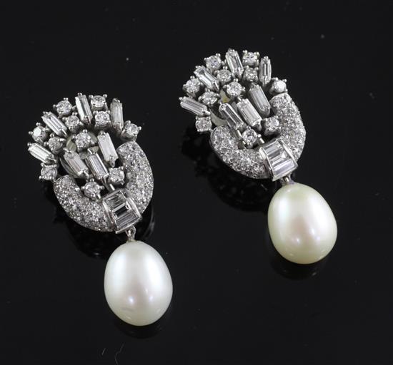 A pair of white gold, diamond and cultured pearl drop ear clips, 1.5in.